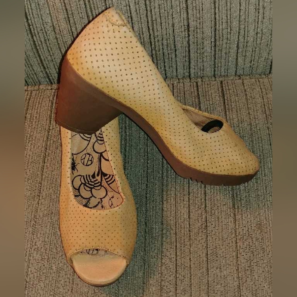 Fly London Tan Peep Toe Wedges